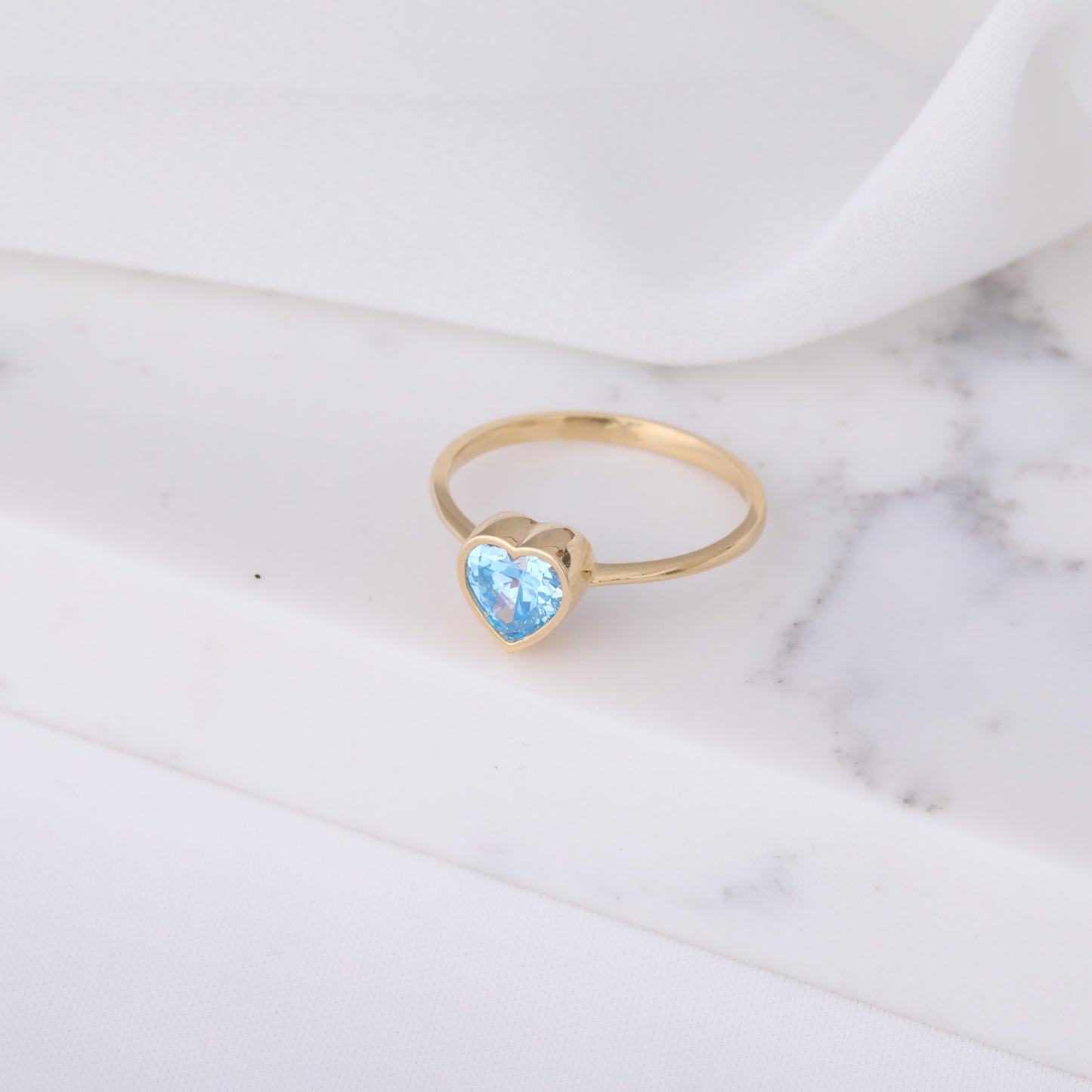Heart Blue Topaz Bezel Ring in 14K Solid Gold, December Birthstone Jewelry Queen Jewelry Rings