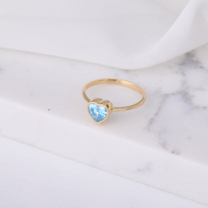 Heart Blue Topaz Bezel Ring in 14K Solid Gold, December Birthstone Jewelry Queen Jewelry Rings