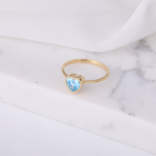 Heart Blue Topaz Bezel Ring in 14K Solid Gold, December Birthstone Jewelry Queen Jewelry Rings