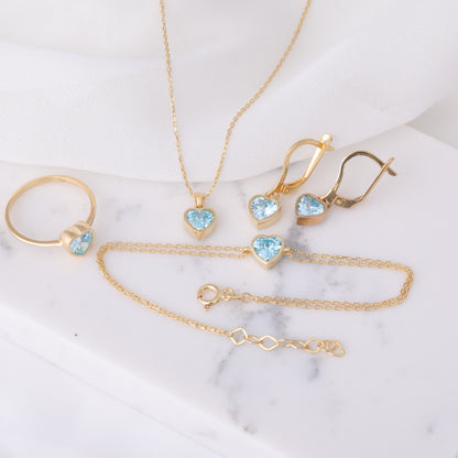 Heart Aquamarine Bezel Necklace in 14K Solid Gold, March Birthstone Charm Pendant Queen Jewelry Necklace