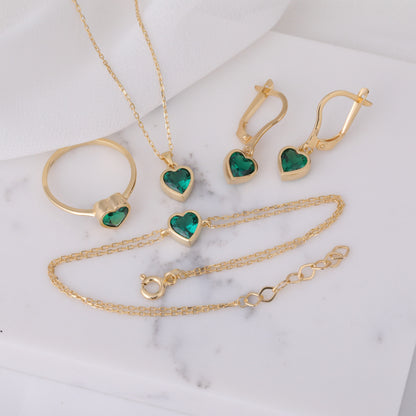 Heart Emerald Bezel Necklace in 14K Solid Gold, May Birthstone Charm Pendant Queen Jewelry Necklace