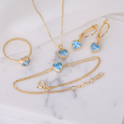 Heart Blue Topaz Bezel Necklace in 14K Solid Gold, December Birthstone Charm Pendant Queen Jewelry Necklace