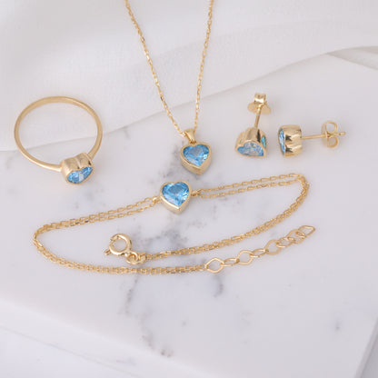 Heart Blue Topaz Bezel Ring in 14K Solid Gold, December Birthstone Jewelry Queen Jewelry Rings