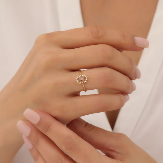 Smoky Quartz Rectangle Ring Surrounded by Real Diamonds in 14K Solid Gold, Birthstone Jewelry Queen Jewelry Rings