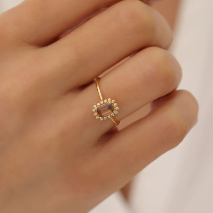 Smoky Quartz Rectangle Ring Surrounded by Real Diamonds in 14K Solid Gold, Birthstone Jewelry Queen Jewelry Rings