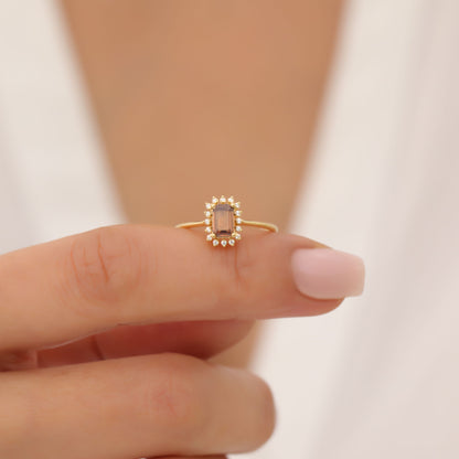 Smoky Quartz Rectangle Ring Surrounded by Real Diamonds in 14K Solid Gold, Birthstone Jewelry Queen Jewelry Rings
