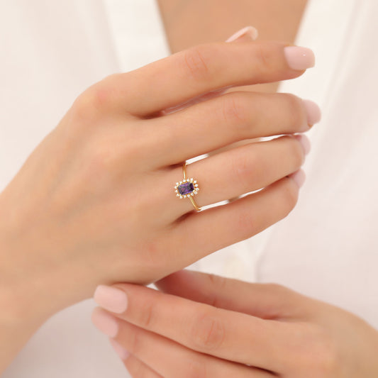Amethyst Rectangle Ring Surrounded by Real Diamonds in 14K Solid Gold, February Birthstone Jewelry Queen Jewelry Rings