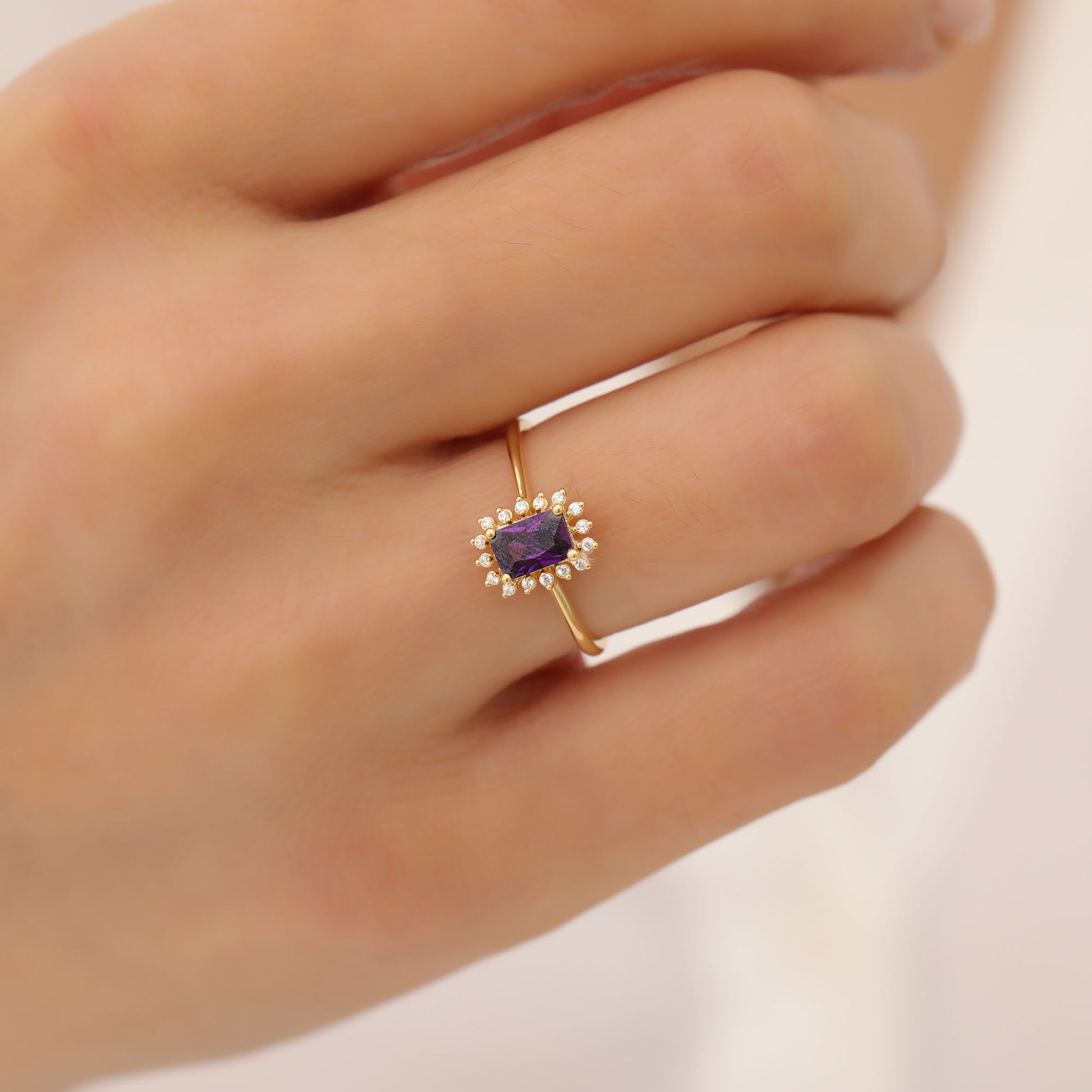 Amethyst Rectangle Ring Surrounded by Real Diamonds in 14K Solid Gold, February Birthstone Jewelry Queen Jewelry Rings