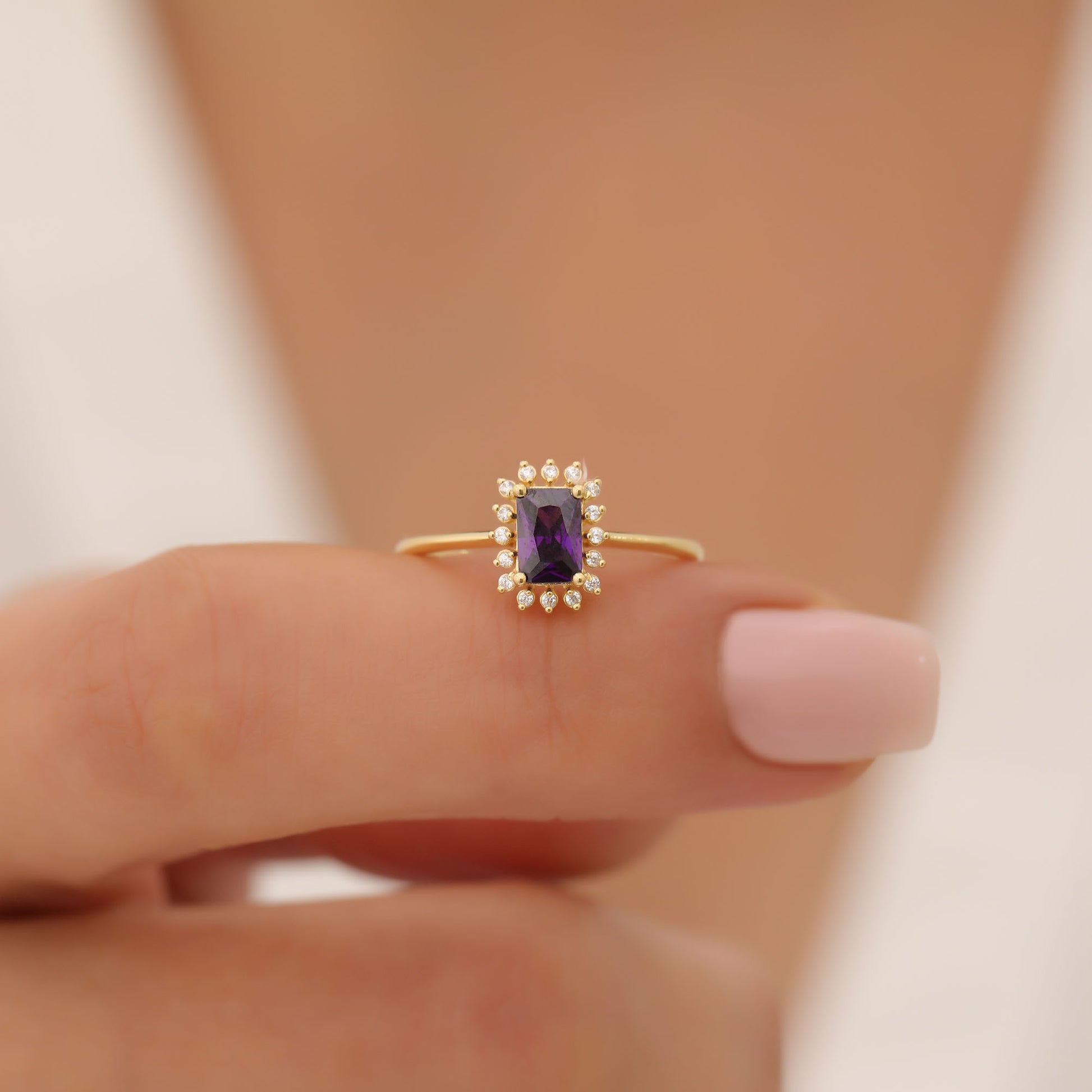 Amethyst Rectangle Ring Surrounded by Real Diamonds in 14K Solid Gold, February Birthstone Jewelry Queen Jewelry Rings