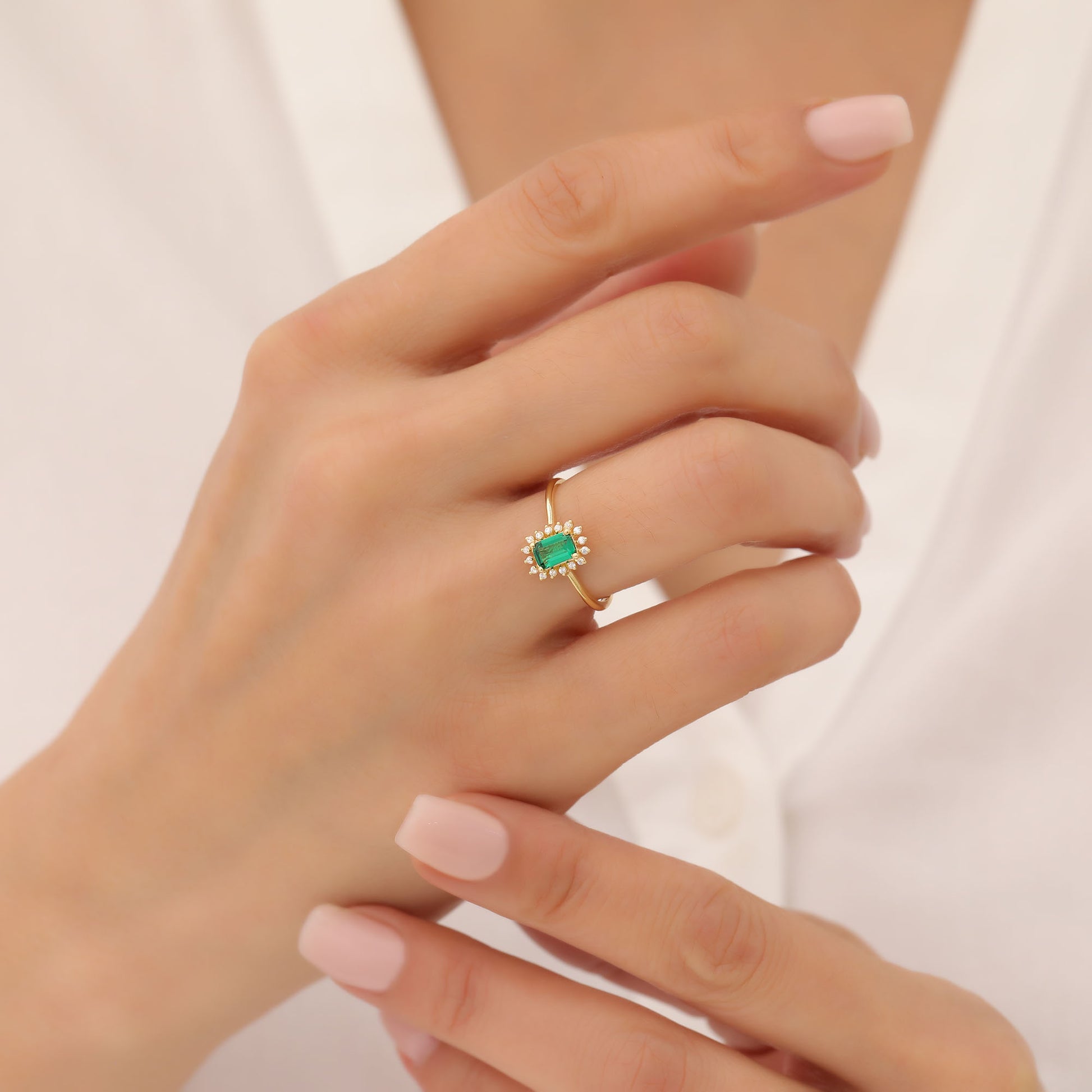 Emerald Rectangle Ring Surrounded by Real Diamonds in 14K Solid Gold, May Birthstone Jewelry Queen Jewelry Rings