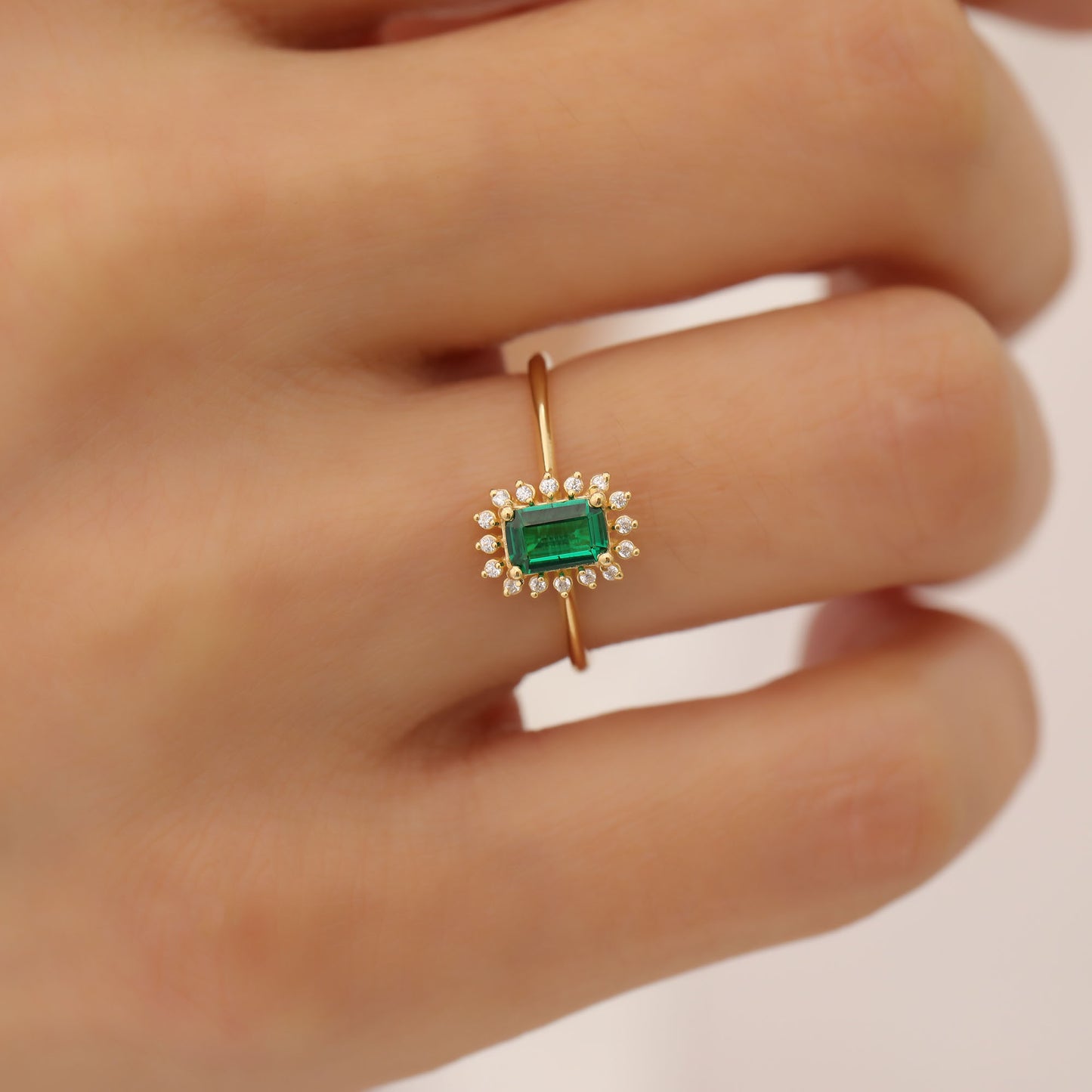 Emerald Rectangle Ring Surrounded by Real Diamonds in 14K Solid Gold, May Birthstone Jewelry Queen Jewelry Rings