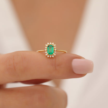 Emerald Rectangle Ring Surrounded by Real Diamonds in 14K Solid Gold, May Birthstone Jewelry Queen Jewelry Rings