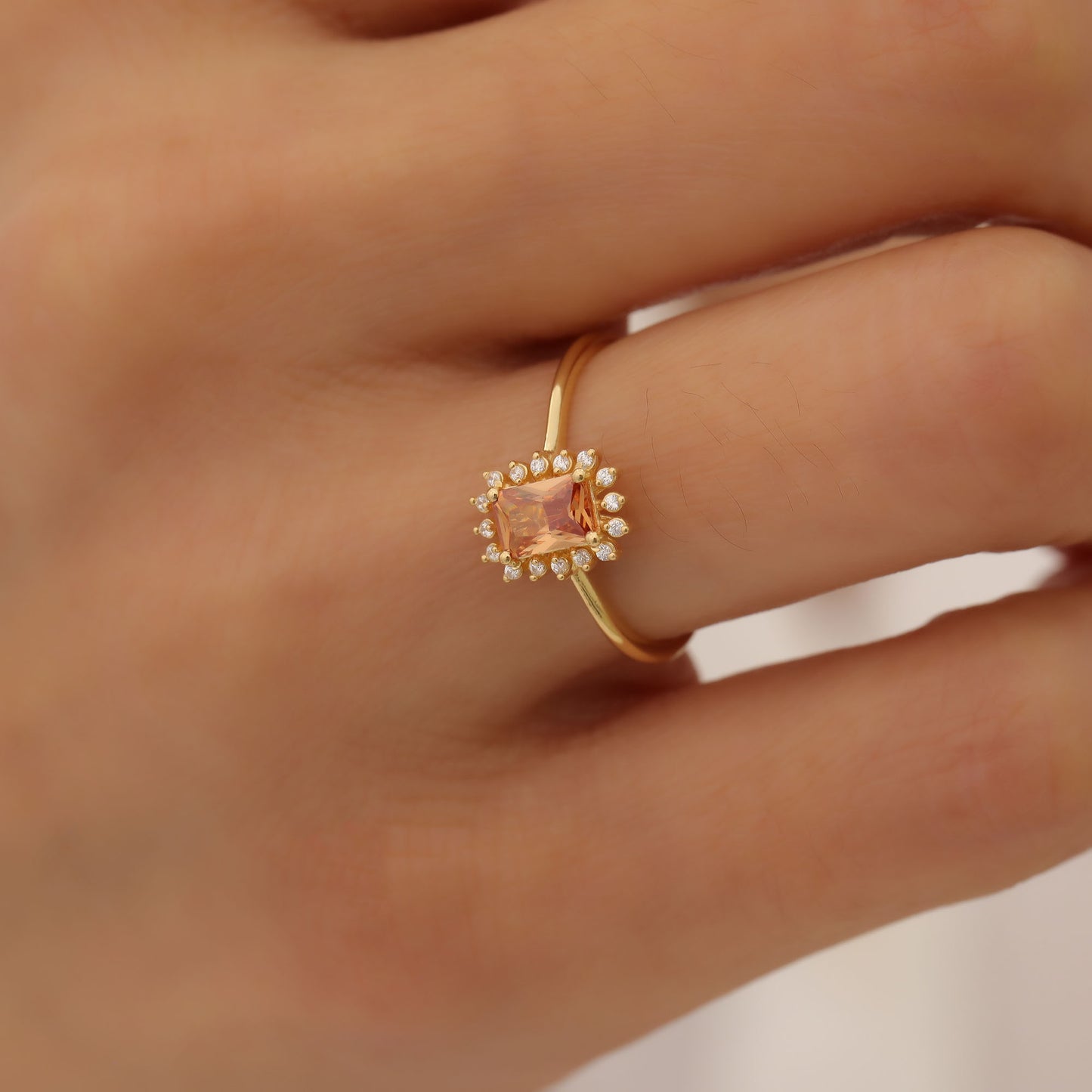 Citrine Rectangle Ring Surrounded by Real Diamonds in 14K Solid Gold, November Birthstone Jewelry Queen Jewelry Rings
