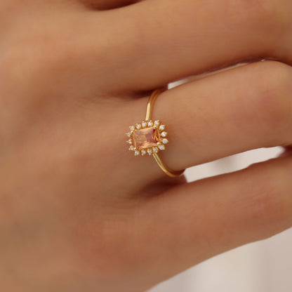 Citrine Rectangle Ring Surrounded by Real Diamonds in 14K Solid Gold, November Birthstone Jewelry Queen Jewelry Rings