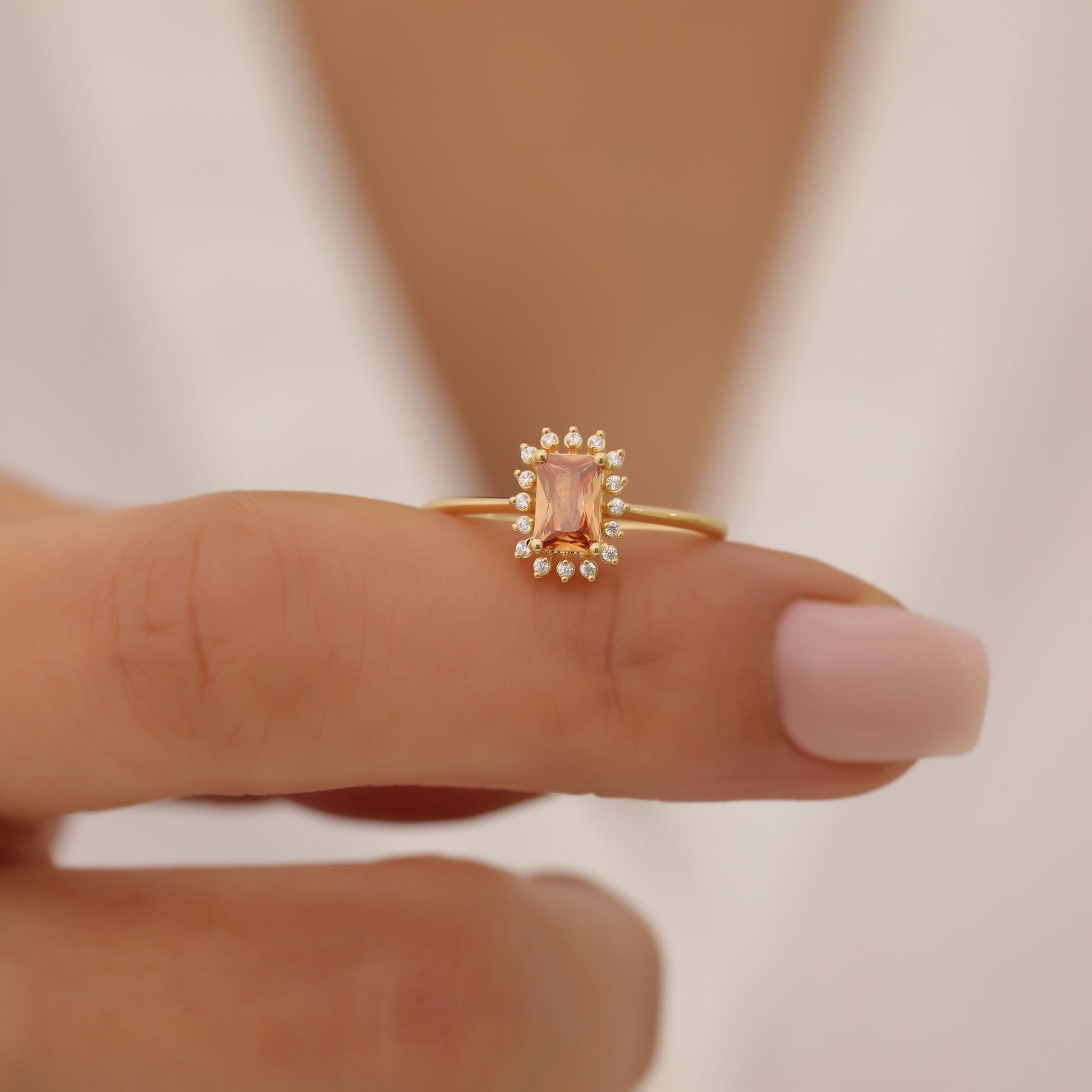 Citrine Rectangle Ring Surrounded by Real Diamonds in 14K Solid Gold, November Birthstone Jewelry Queen Jewelry Rings