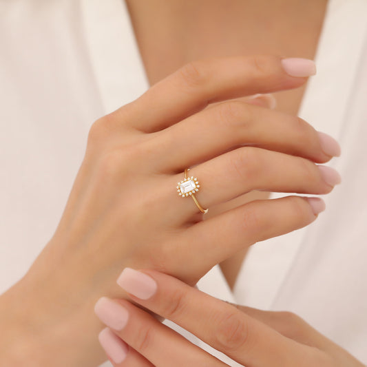 White Topaz Rectangle Ring Surrounded by Real Diamonds in 14K Solid Gold, April Birthstone Jewelry Queen Jewelry Rings