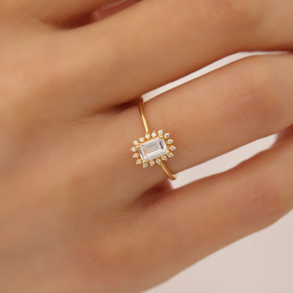 White Topaz Rectangle Ring Surrounded by Real Diamonds in 14K Solid Gold, April Birthstone Jewelry Queen Jewelry Rings