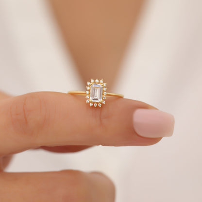 White Topaz Rectangle Ring Surrounded by Real Diamonds in 14K Solid Gold, April Birthstone Jewelry Queen Jewelry Rings