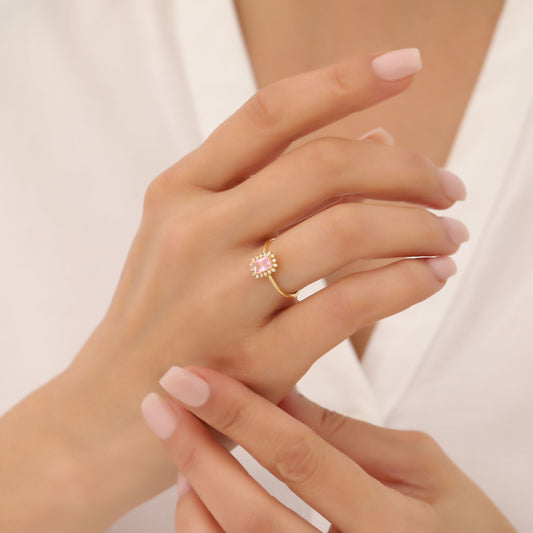 Pink Tourmaline Rectangle Ring Surrounded by Real Diamonds in 14K Solid Gold, October Birthstone Jewelry Queen Jewelry Rings