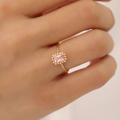 Pink Tourmaline Rectangle Ring Surrounded by Real Diamonds in 14K Solid Gold, October Birthstone Jewelry Queen Jewelry Rings