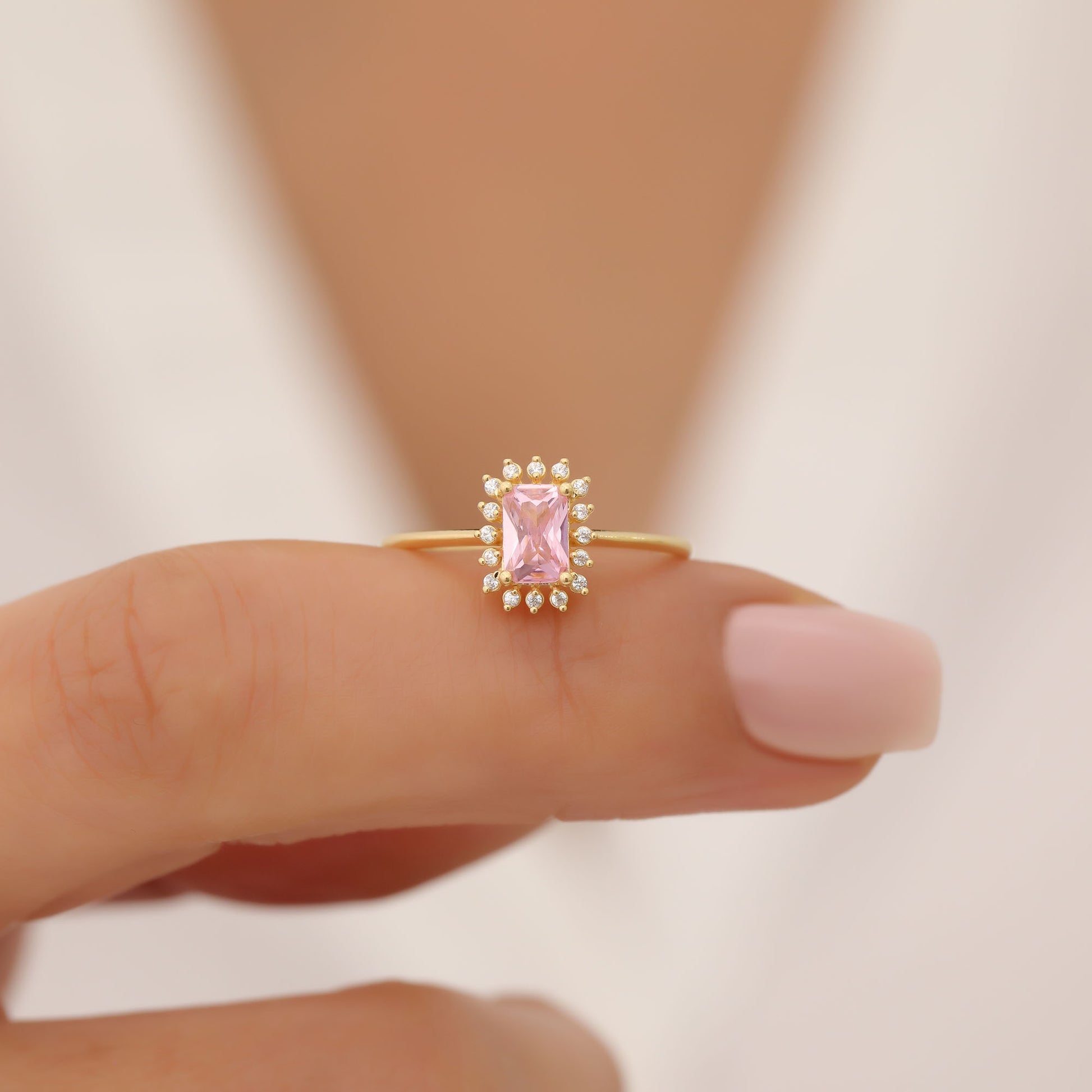 Pink Tourmaline Rectangle Ring Surrounded by Real Diamonds in 14K Solid Gold, October Birthstone Jewelry Queen Jewelry Rings