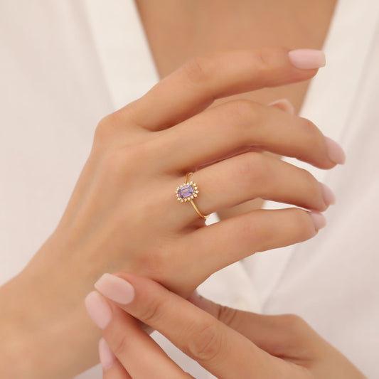 Alexandrite Rectangle Ring Surrounded by Real Diamonds in 14K Solid Gold, June Birthstone Jewelry Queen Jewelry Rings