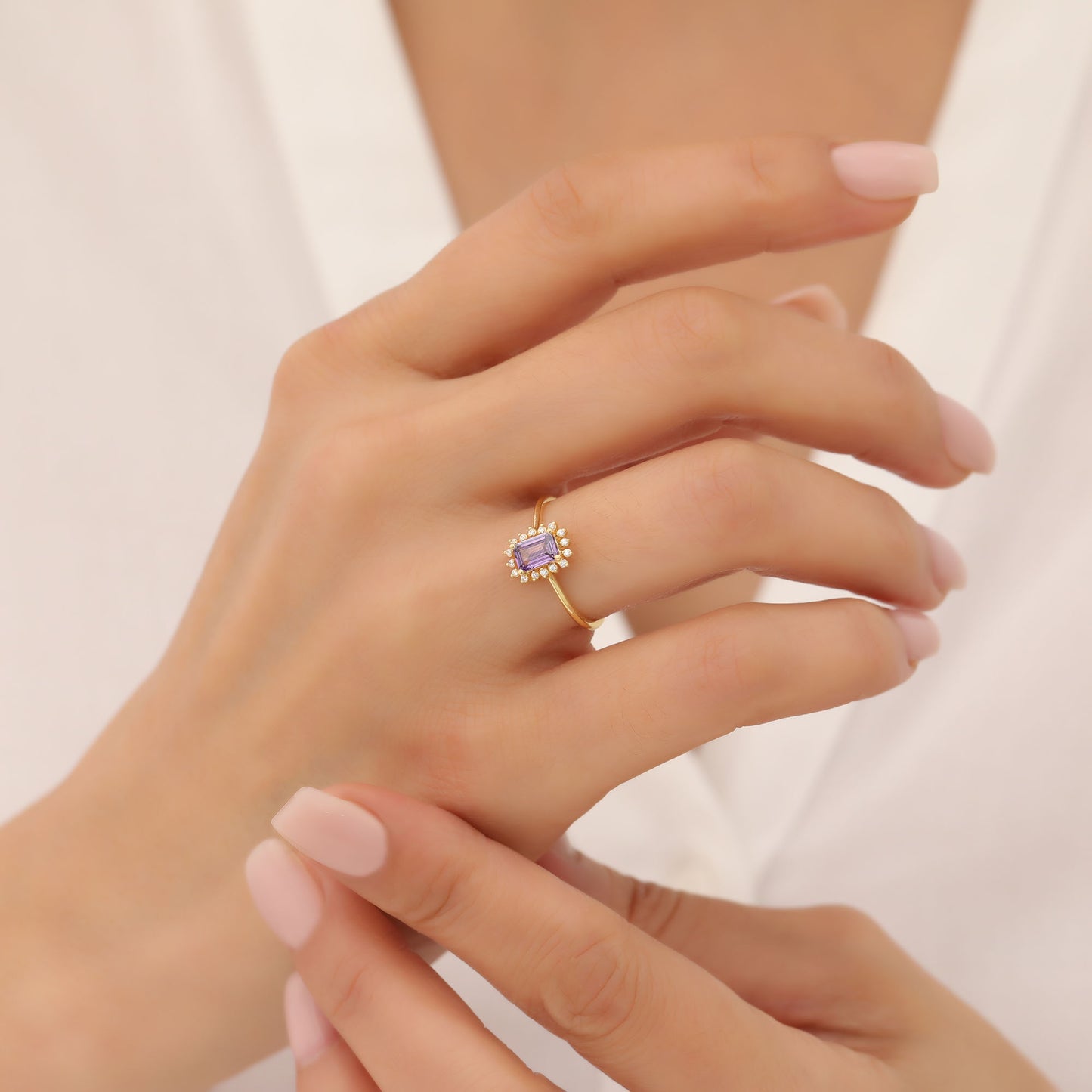 Alexandrite Rectangle Ring Surrounded by Real Diamonds in 14K Solid Gold, June Birthstone Jewelry Queen Jewelry Rings