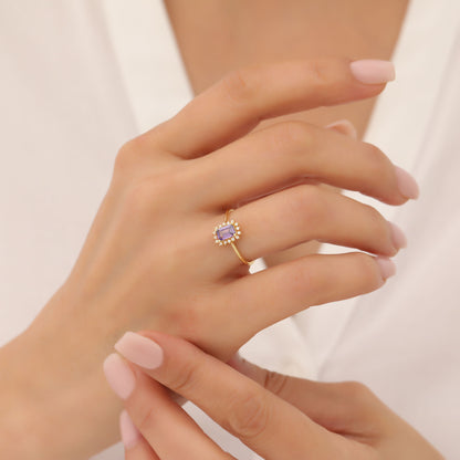 Alexandrite Rectangle Ring Surrounded by Real Diamonds in 14K Solid Gold, June Birthstone Jewelry Queen Jewelry Rings