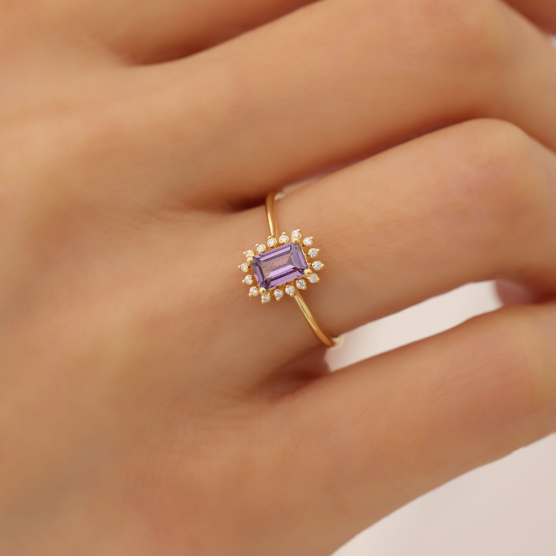 Alexandrite Rectangle Ring Surrounded by Real Diamonds in 14K Solid Gold, June Birthstone Jewelry Queen Jewelry Rings