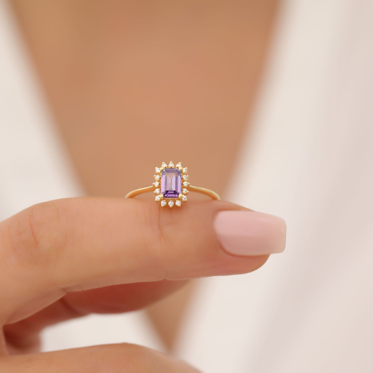 Alexandrite Rectangle Ring Surrounded by Real Diamonds in 14K Solid Gold, June Birthstone Jewelry Queen Jewelry Rings