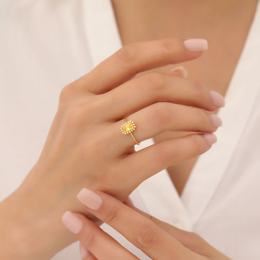 Yellow Topaz Rectangle Ring Surrounded by Real Diamonds in 14K Solid Gold, Birthstone Jewelry Queen Jewelry Rings