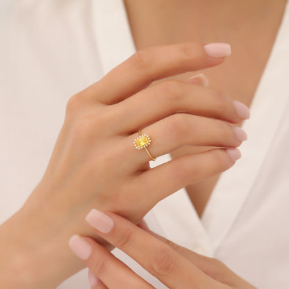 Yellow Topaz Rectangle Ring Surrounded by Real Diamonds in 14K Solid Gold, Birthstone Jewelry Queen Jewelry Rings