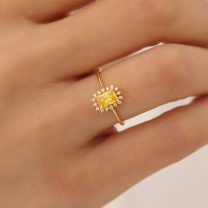 Yellow Topaz Rectangle Ring Surrounded by Real Diamonds in 14K Solid Gold, Birthstone Jewelry Queen Jewelry Rings