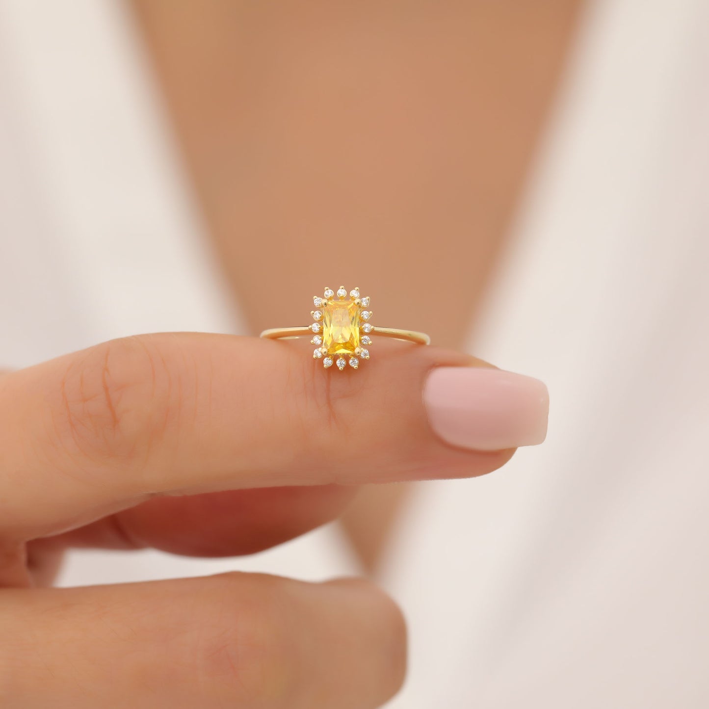 Yellow Topaz Rectangle Ring Surrounded by Real Diamonds in 14K Solid Gold, Birthstone Jewelry Queen Jewelry Rings