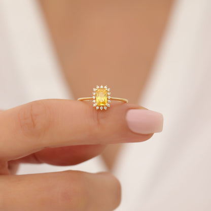 Yellow Topaz Rectangle Ring Surrounded by Real Diamonds in 14K Solid Gold, Birthstone Jewelry Queen Jewelry Rings