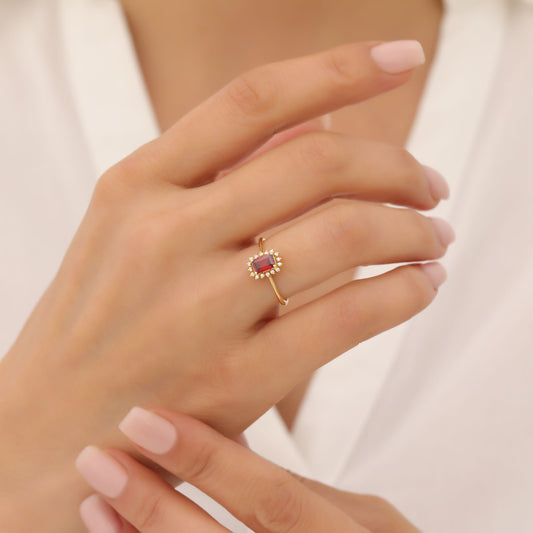 Garnet Rectangle Ring Surrounded by Real Diamonds in 14K Solid Gold, January Birthstone Jewelry Queen Jewelry Rings