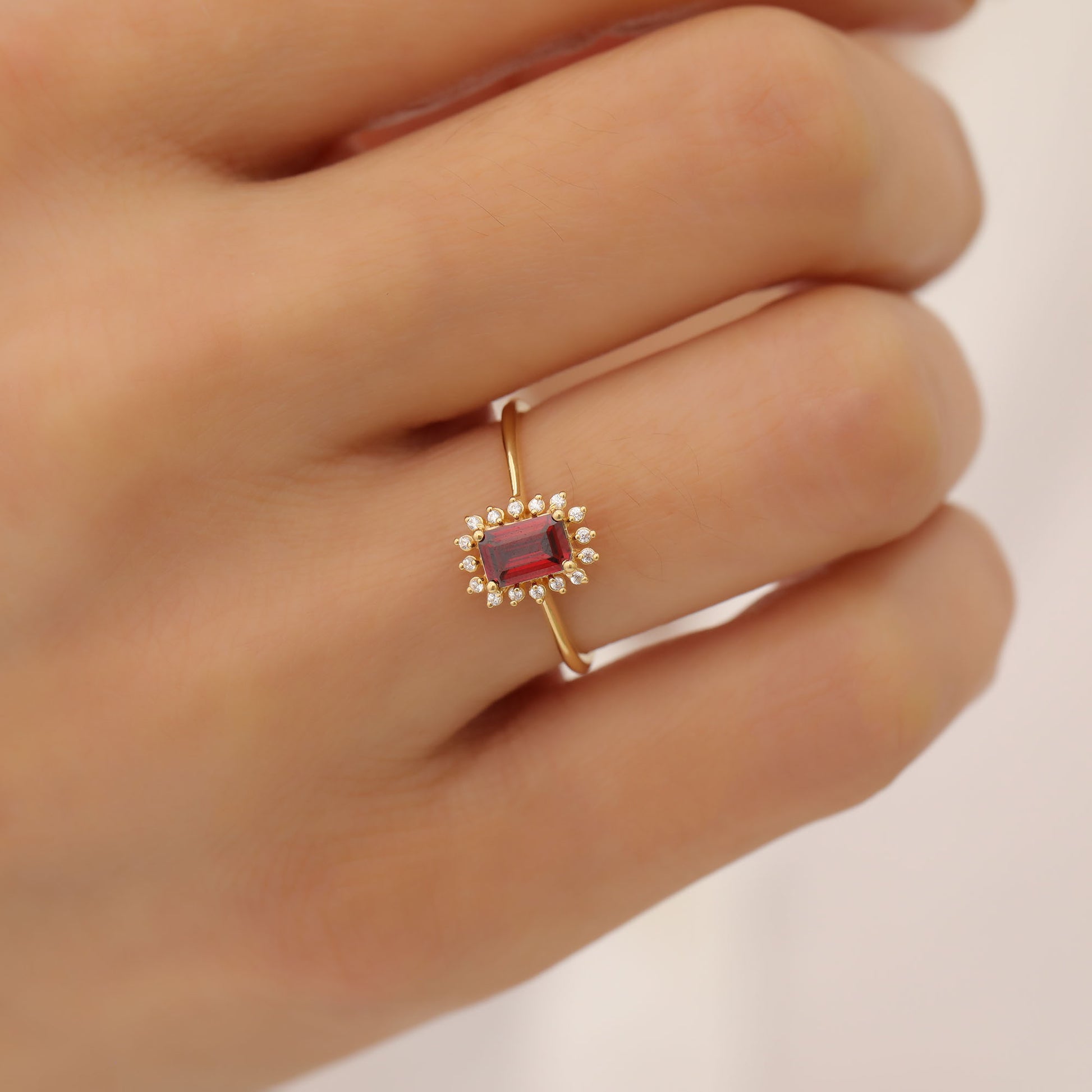Garnet Rectangle Ring Surrounded by Real Diamonds in 14K Solid Gold, January Birthstone Jewelry Queen Jewelry Rings