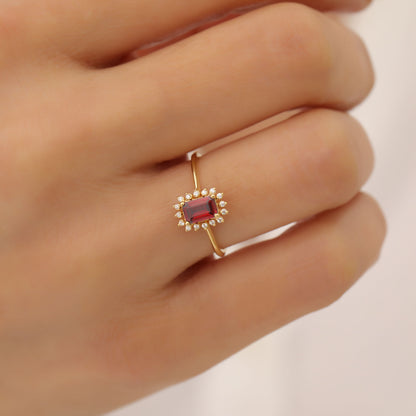 Garnet Rectangle Ring Surrounded by Real Diamonds in 14K Solid Gold, January Birthstone Jewelry Queen Jewelry Rings