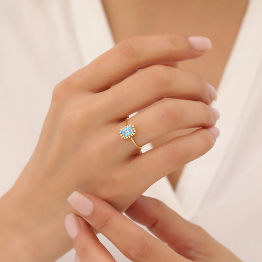Blue Topaz Rectangle Ring Surrounded by Real Diamonds in 14K Solid Gold, December Birthstone Jewelry Queen Jewelry Rings
