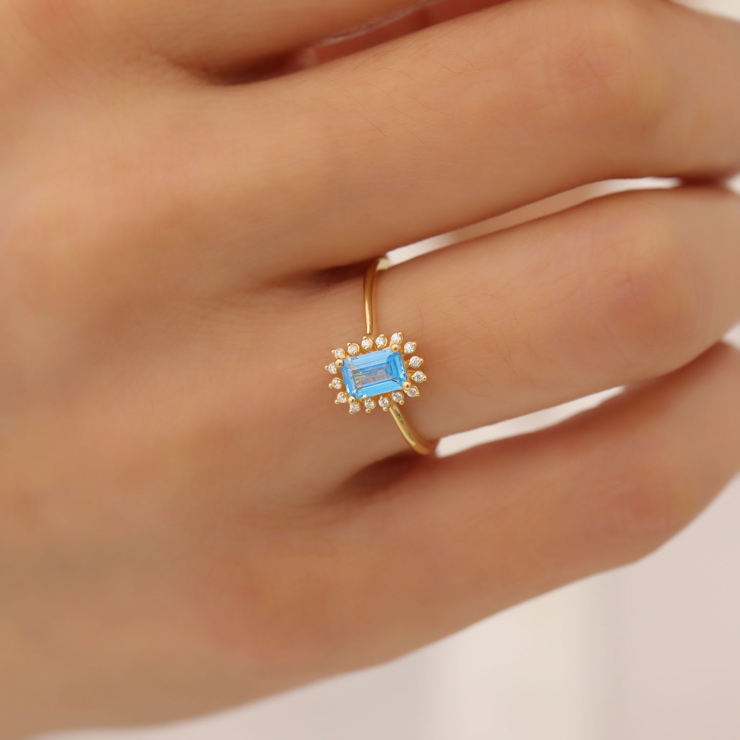 Blue Topaz Rectangle Ring Surrounded by Real Diamonds in 14K Solid Gold, December Birthstone Jewelry Queen Jewelry Rings