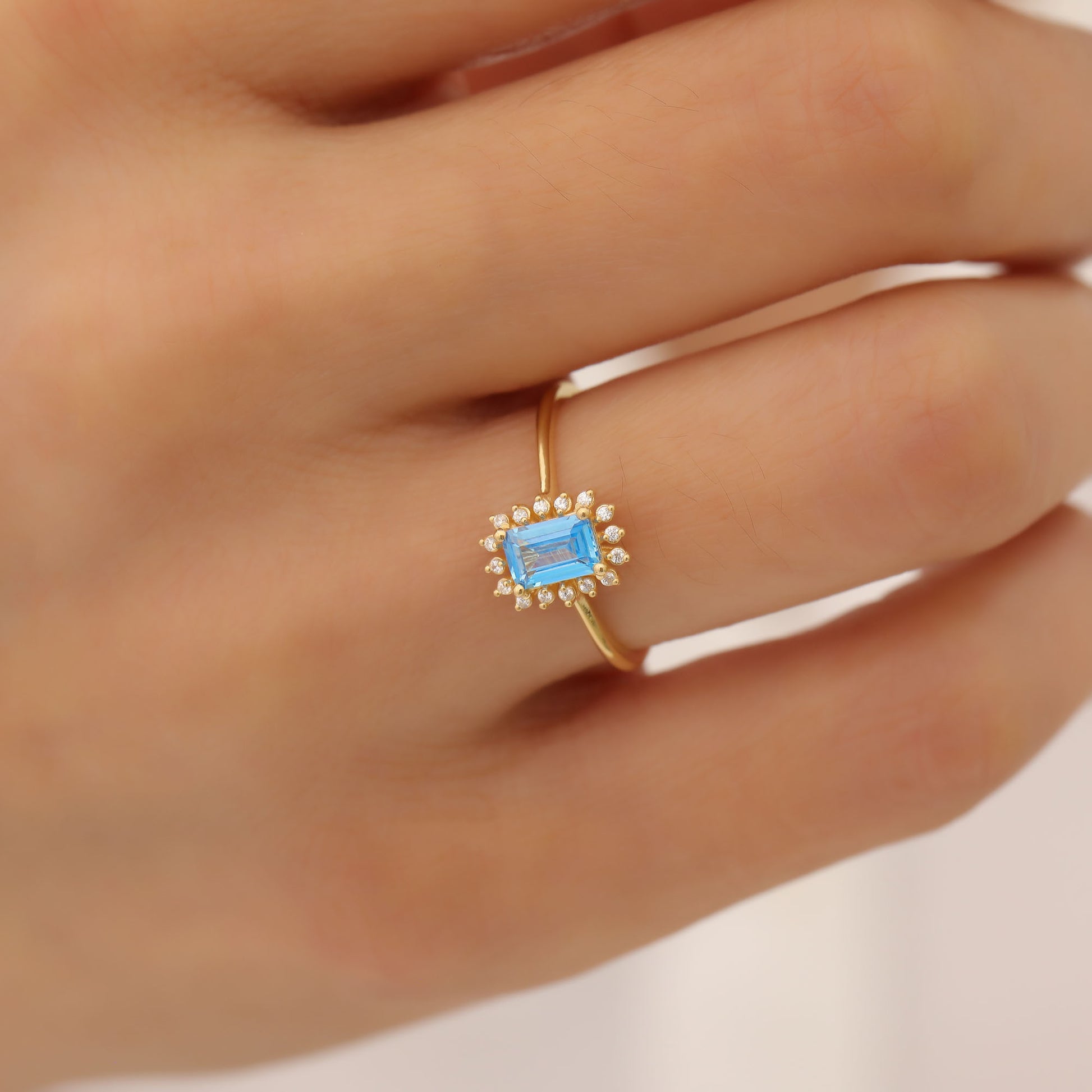 Blue Topaz Rectangle Ring Surrounded by Real Diamonds in 14K Solid Gold, December Birthstone Jewelry Queen Jewelry Rings