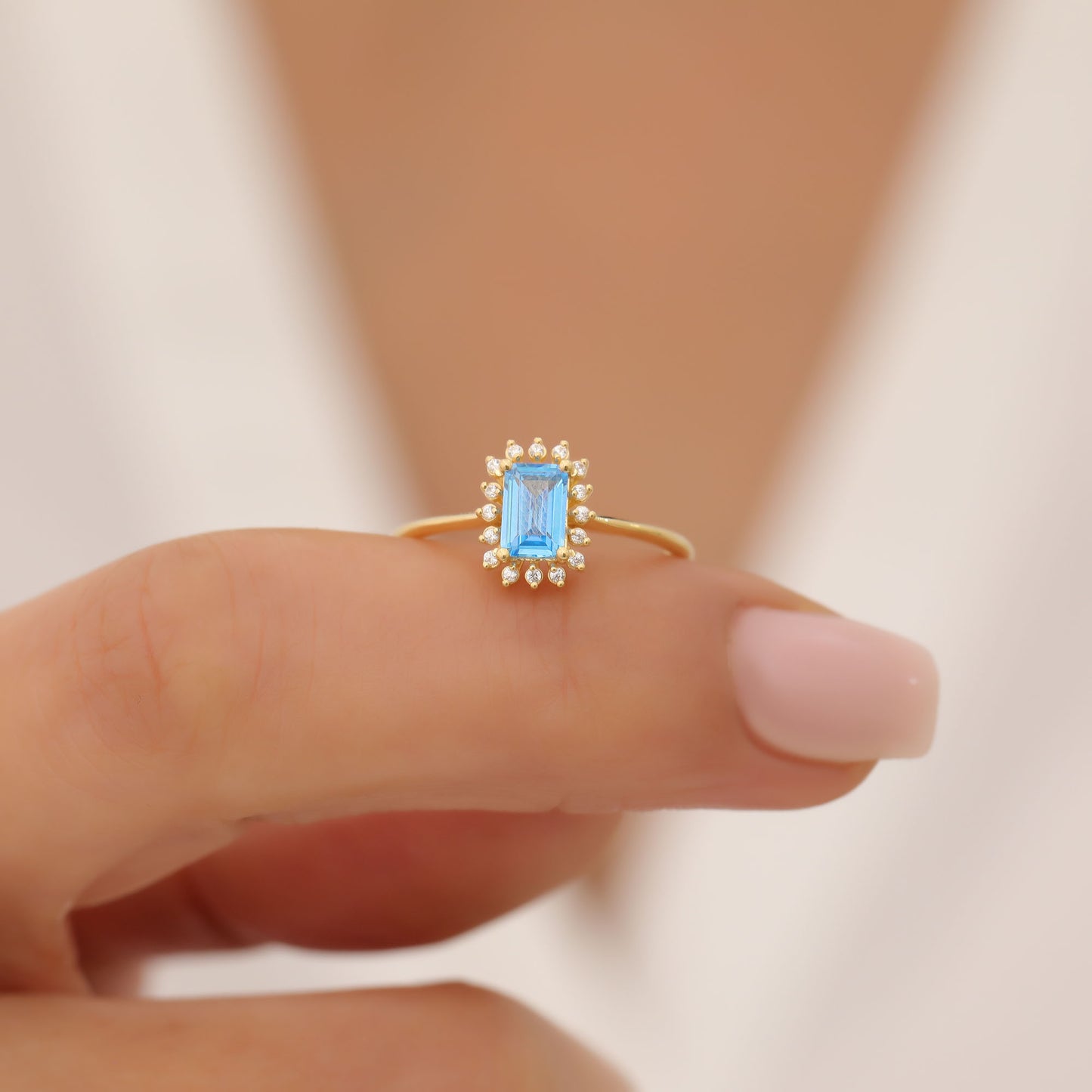 Blue Topaz Rectangle Ring Surrounded by Real Diamonds in 14K Solid Gold, December Birthstone Jewelry Queen Jewelry Rings