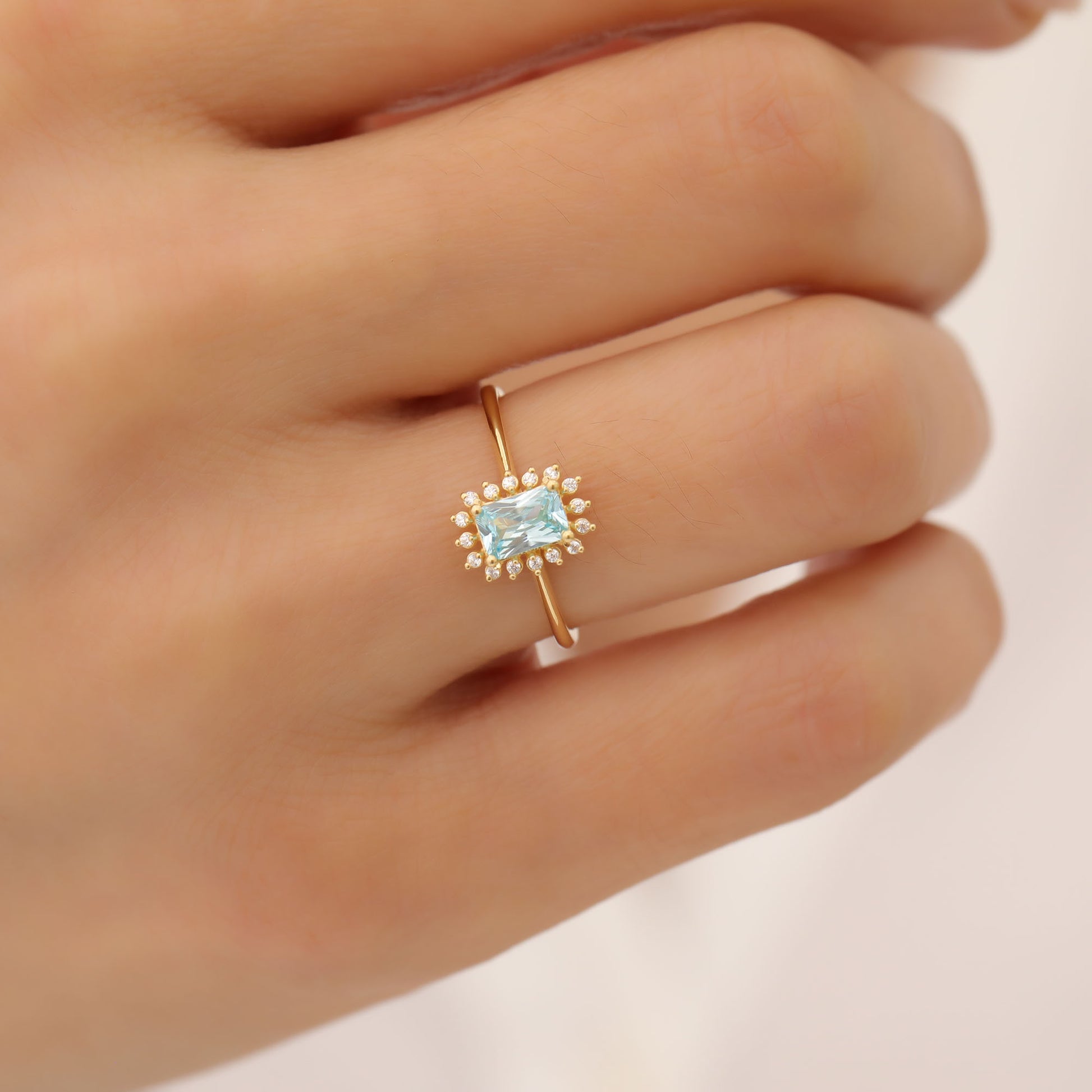 Aquamarine Rectangle Ring Surrounded by Real Diamonds in 14K Solid Gold, March Birthstone Jewelry Queen Jewelry Rings