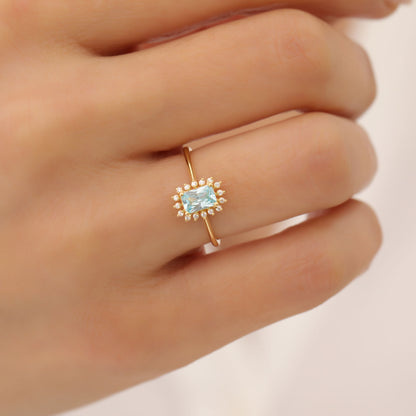 Aquamarine Rectangle Ring Surrounded by Real Diamonds in 14K Solid Gold, March Birthstone Jewelry Queen Jewelry Rings