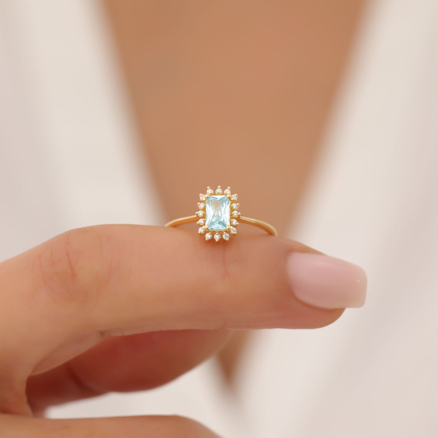 Aquamarine Rectangle Ring Surrounded by Real Diamonds in 14K Solid Gold, March Birthstone Jewelry Queen Jewelry Rings