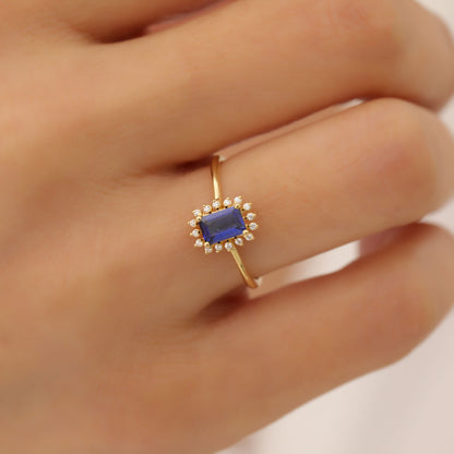 Sapphire Rectangle Ring Surrounded by Real Diamonds in 14K Solid Gold, September Birthstone Jewelry Queen Jewelry Rings