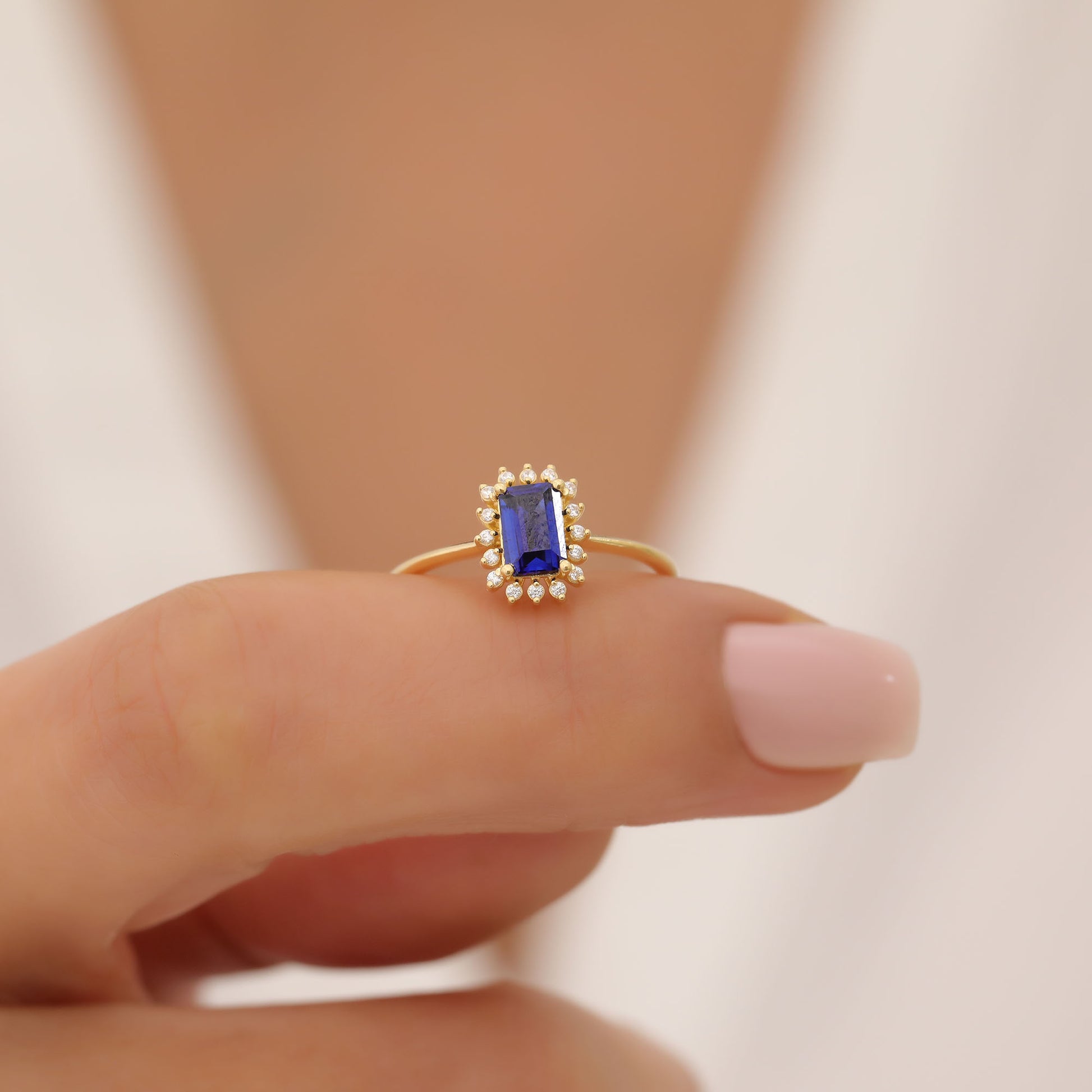 Sapphire Rectangle Ring Surrounded by Real Diamonds in 14K Solid Gold, September Birthstone Jewelry Queen Jewelry Rings