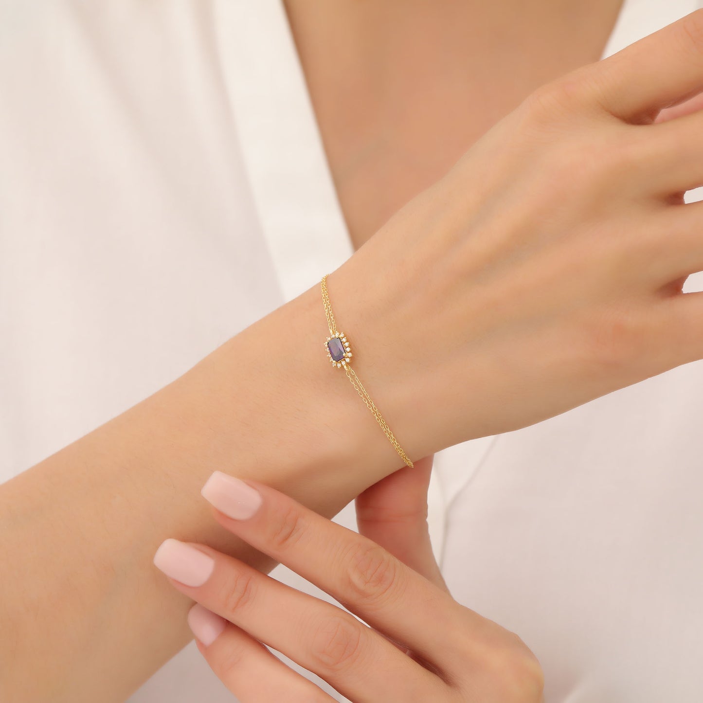 Amethyst Rectangle Bracelet surrounded by Real Diamonds in 14K Solid Gold, February Birthstone Jewelry Queen Jewelry Bracelet
