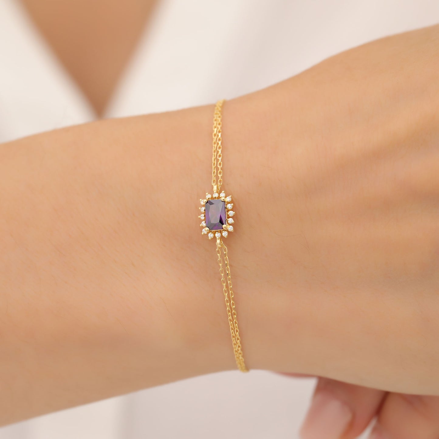 Amethyst Rectangle Bracelet surrounded by Real Diamonds in 14K Solid Gold, February Birthstone Jewelry Queen Jewelry Bracelet
