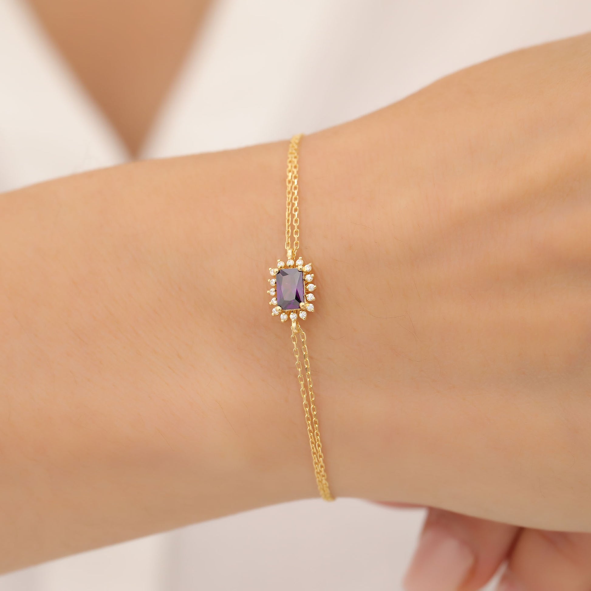 Amethyst Rectangle Bracelet surrounded by Real Diamonds in 14K Solid Gold, February Birthstone Jewelry Queen Jewelry Bracelet